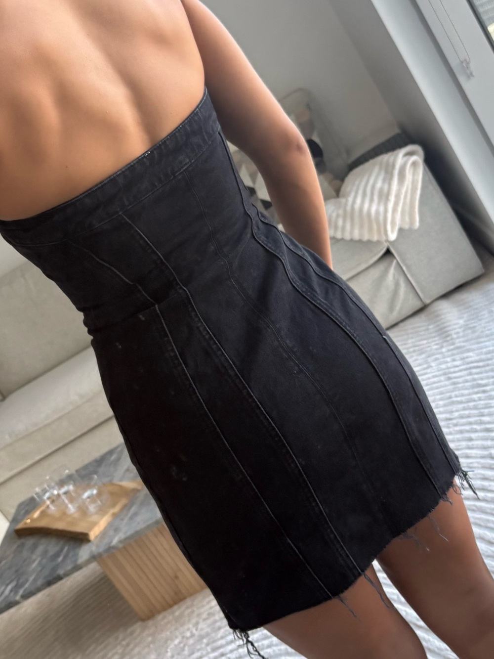 Zara Strapless Black corset Denim distressed Mini Dress - Picture 2 of 3